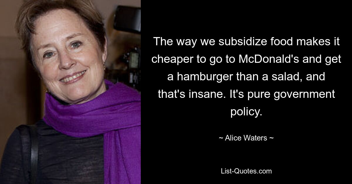 The way we subsidize food makes it cheaper to go to McDonald's and get a hamburger than a salad, and that's insane. It's pure government policy. — © Alice Waters