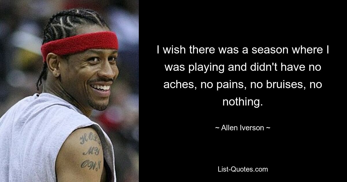 I wish there was a season where I was playing and didn't have no aches, no pains, no bruises, no nothing. — © Allen Iverson