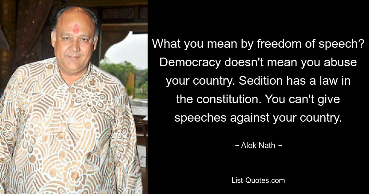 What you mean by freedom of speech? Democracy doesn't mean you abuse your country. Sedition has a law in the constitution. You can't give speeches against your country. — © Alok Nath