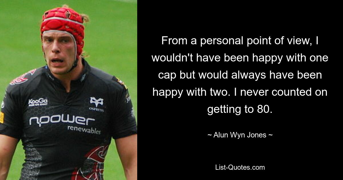 From a personal point of view, I wouldn't have been happy with one cap but would always have been happy with two. I never counted on getting to 80. — © Alun Wyn Jones