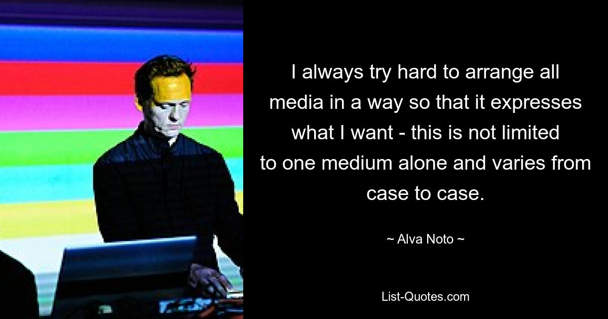 I always try hard to arrange all media in a way so that it expresses what I want - this is not limited to one medium alone and varies from case to case. — © Alva Noto