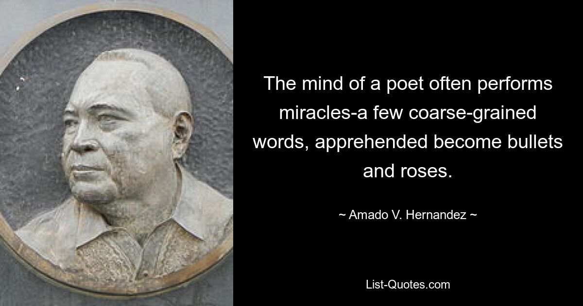 The mind of a poet often performs miracles-a few coarse-grained words, apprehended become bullets and roses. — © Amado V. Hernandez