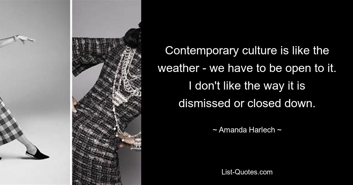 Contemporary culture is like the weather - we have to be open to it. I don't like the way it is dismissed or closed down. — © Amanda Harlech