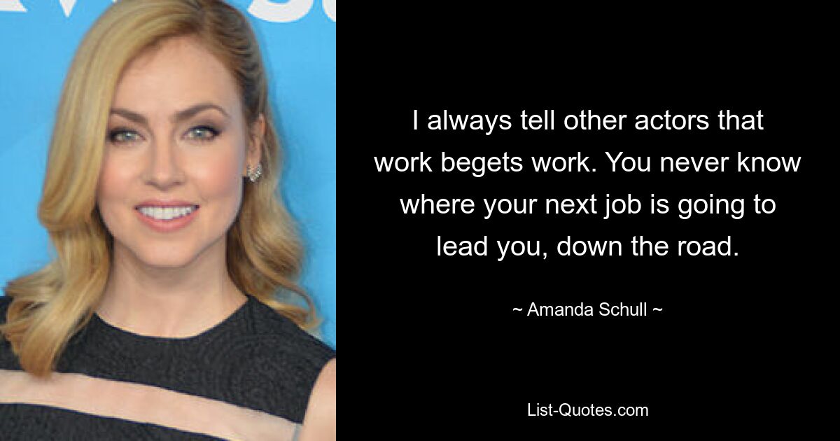 I always tell other actors that work begets work. You never know where your next job is going to lead you, down the road. — © Amanda Schull