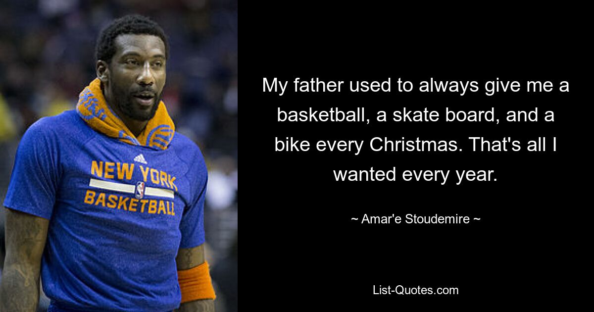 My father used to always give me a basketball, a skate board, and a bike every Christmas. That's all I wanted every year. — © Amar'e Stoudemire