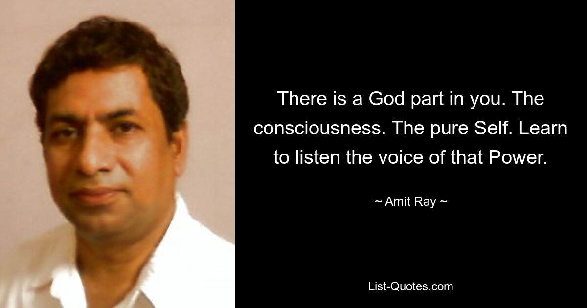 There is a God part in you. The consciousness. The pure Self. Learn to listen the voice of that Power. — © Amit Ray