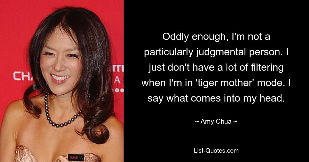 Oddly enough, I'm not a particularly judgmental person. I just don't have a lot of filtering when I'm in 'tiger mother' mode. I say what comes into my head. — © Amy Chua