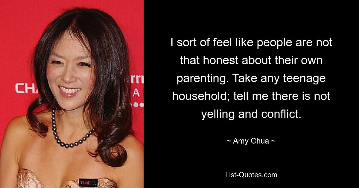 I sort of feel like people are not that honest about their own parenting. Take any teenage household; tell me there is not yelling and conflict. — © Amy Chua