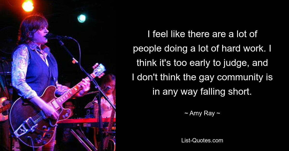 I feel like there are a lot of people doing a lot of hard work. I think it's too early to judge, and I don't think the gay community is in any way falling short. — © Amy Ray