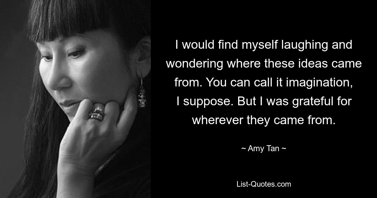 I would find myself laughing and wondering where these ideas came from. You can call it imagination, I suppose. But I was grateful for wherever they came from. — © Amy Tan