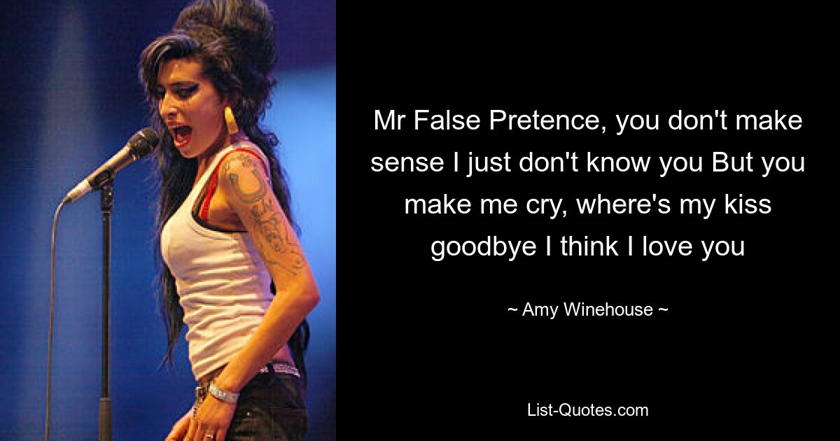 Mr False Pretence, you don't make sense I just don't know you But you make me cry, where's my kiss goodbye I think I love you — © Amy Winehouse