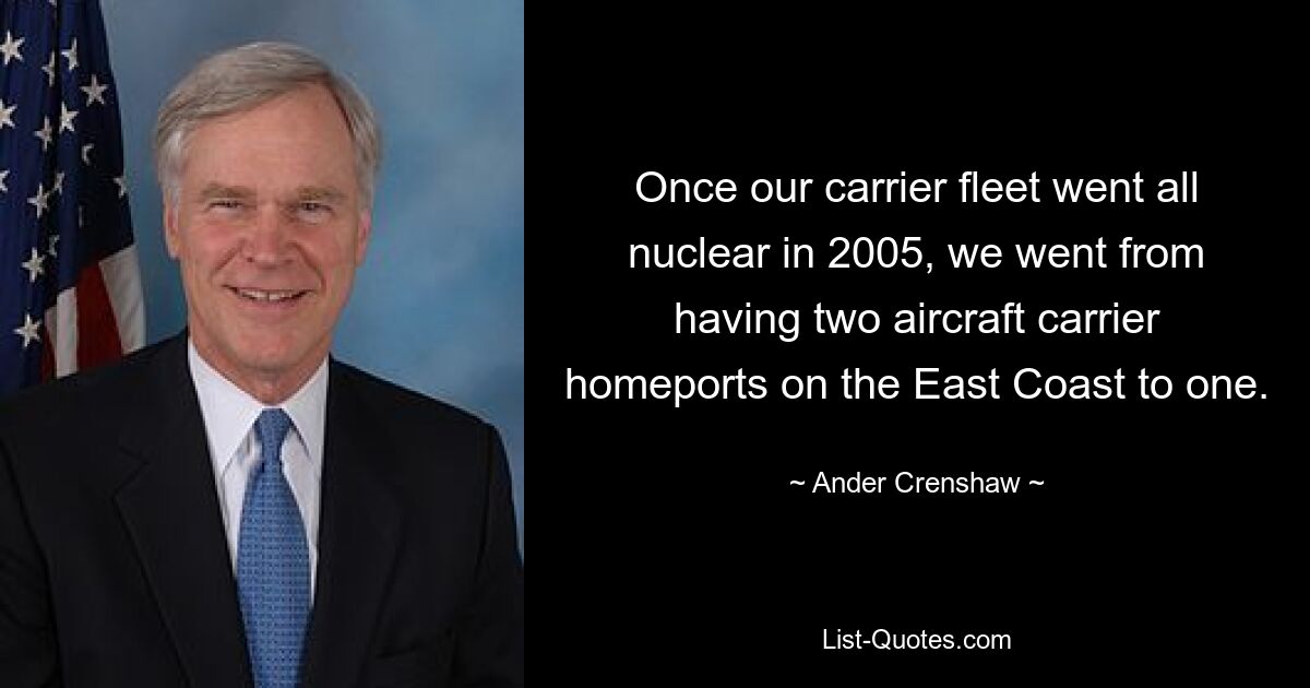 Once our carrier fleet went all nuclear in 2005, we went from having two aircraft carrier homeports on the East Coast to one. — © Ander Crenshaw