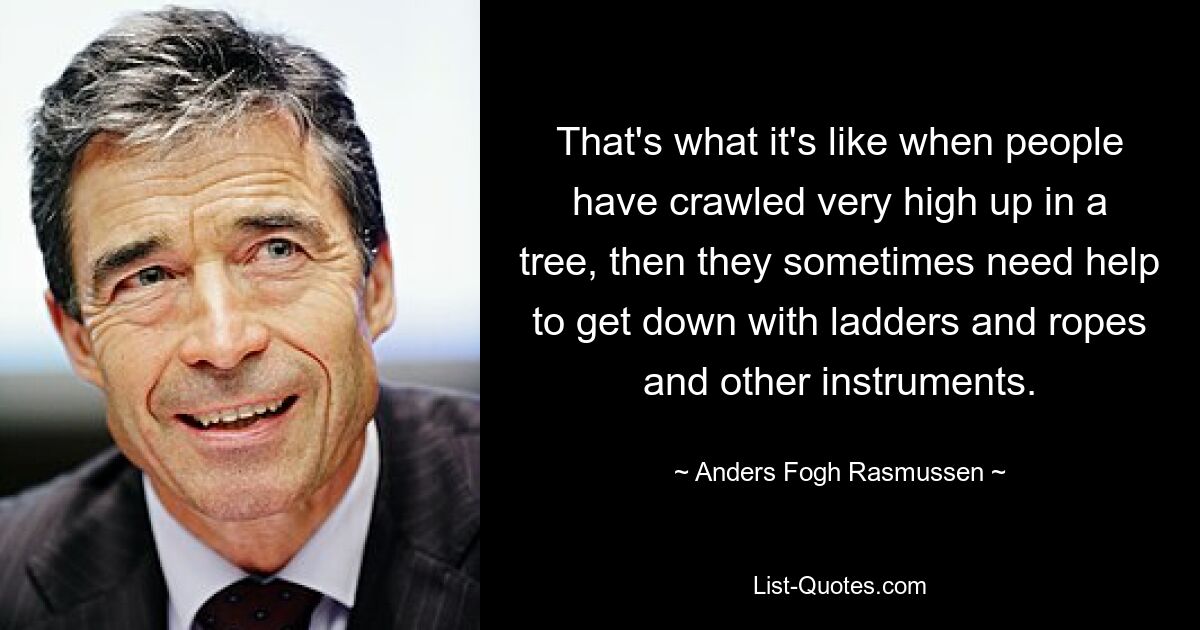 That's what it's like when people have crawled very high up in a tree, then they sometimes need help to get down with ladders and ropes and other instruments. — © Anders Fogh Rasmussen