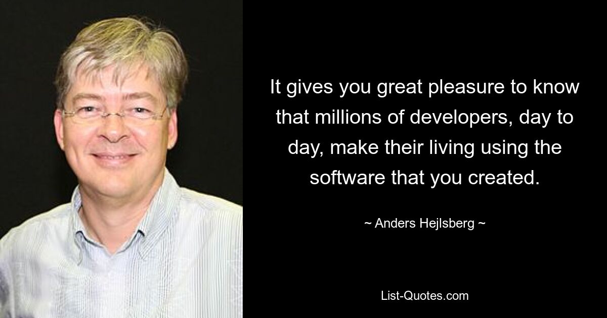 It gives you great pleasure to know that millions of developers, day to day, make their living using the software that you created. — © Anders Hejlsberg