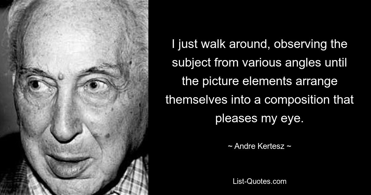 I just walk around, observing the subject from various angles until the picture elements arrange themselves into a composition that pleases my eye. — © Andre Kertesz