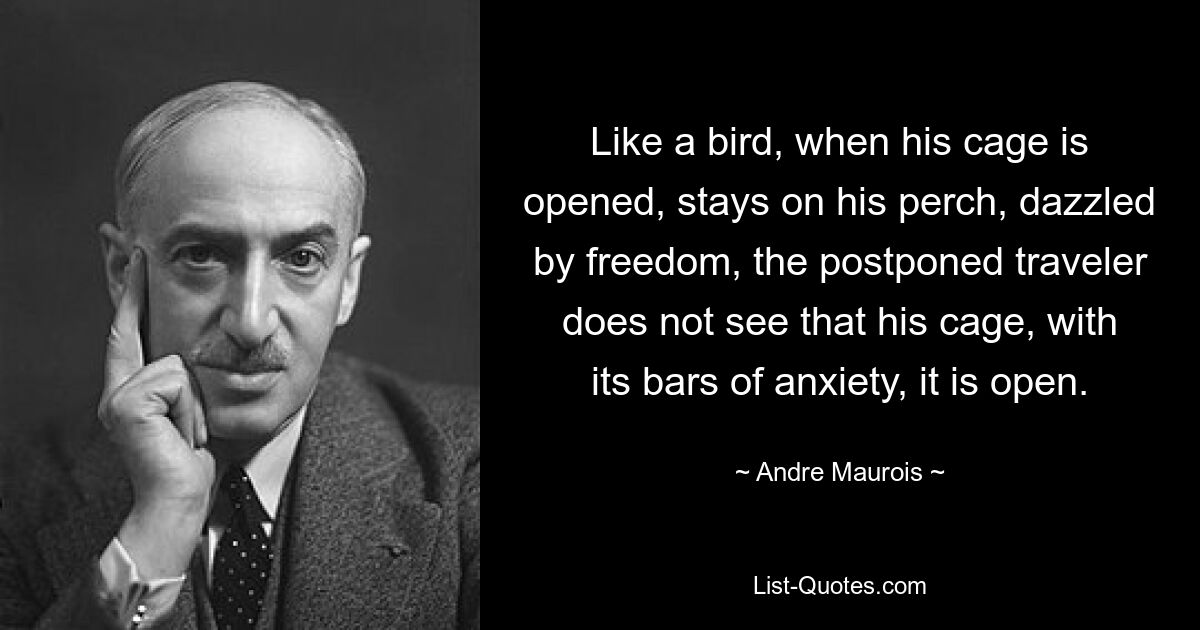 Like a bird, when his cage is opened, stays on his perch, dazzled by freedom, the postponed traveler does not see that his cage, with its bars of anxiety, it is open. — © Andre Maurois