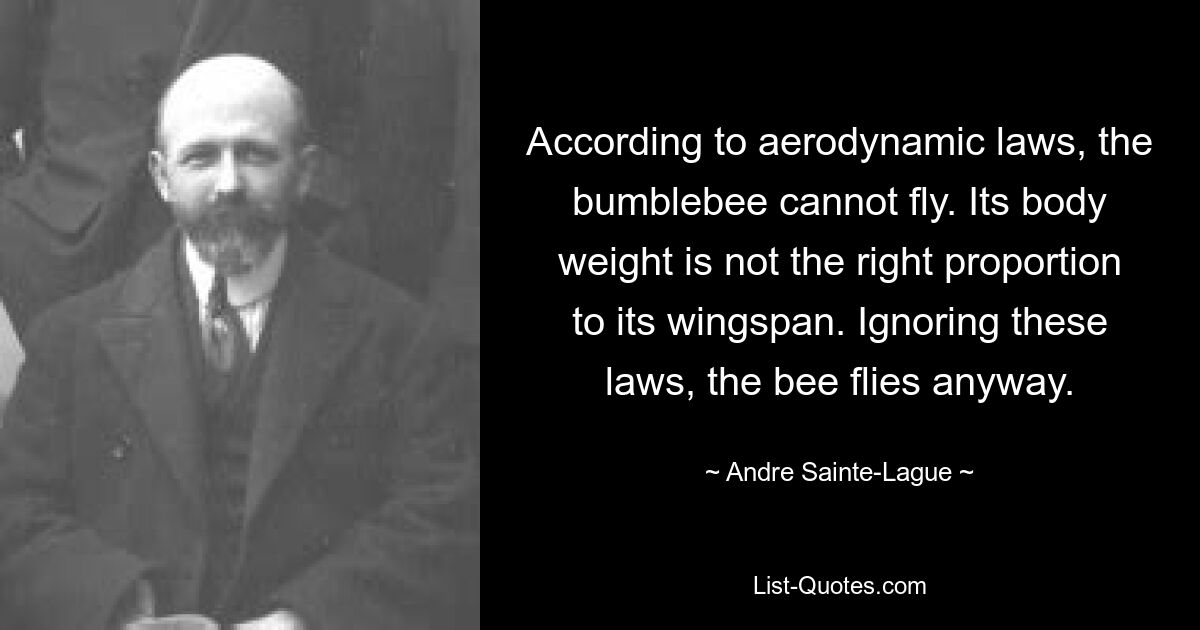 According to aerodynamic laws, the bumblebee cannot fly. Its body weight is not the right proportion to its wingspan. Ignoring these laws, the bee flies anyway. — © Andre Sainte-Lague