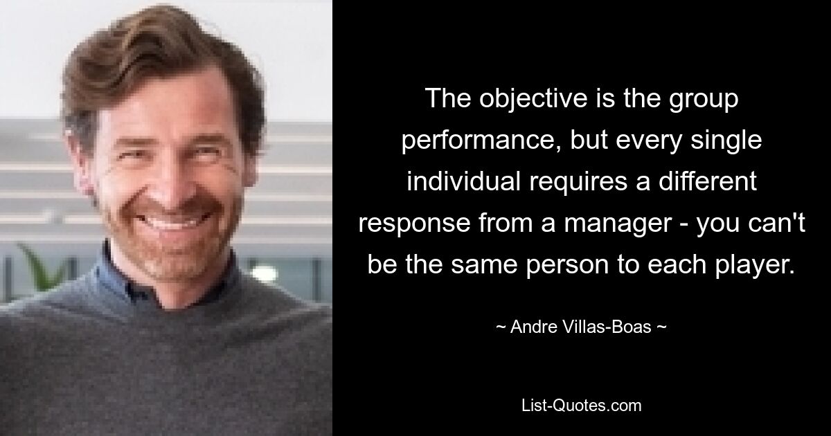 The objective is the group performance, but every single individual requires a different response from a manager - you can't be the same person to each player. — © Andre Villas-Boas