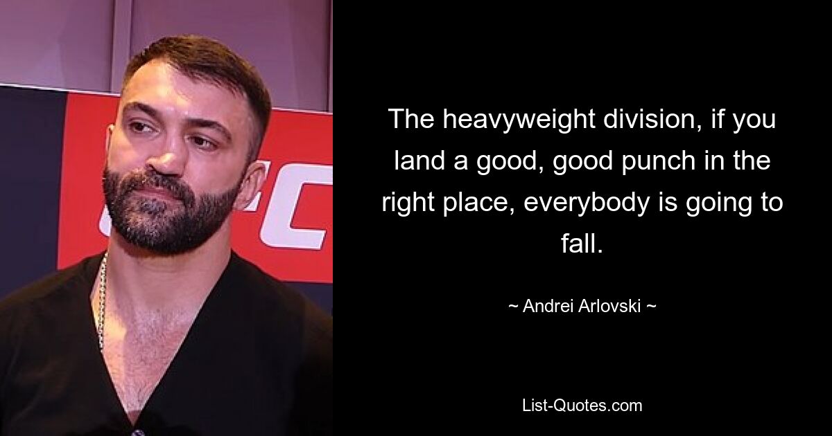 The heavyweight division, if you land a good, good punch in the right place, everybody is going to fall. — © Andrei Arlovski