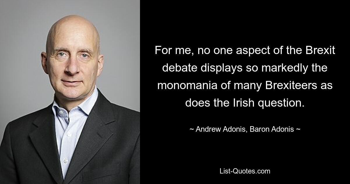 For me, no one aspect of the Brexit debate displays so markedly the monomania of many Brexiteers as does the Irish question. — © Andrew Adonis, Baron Adonis