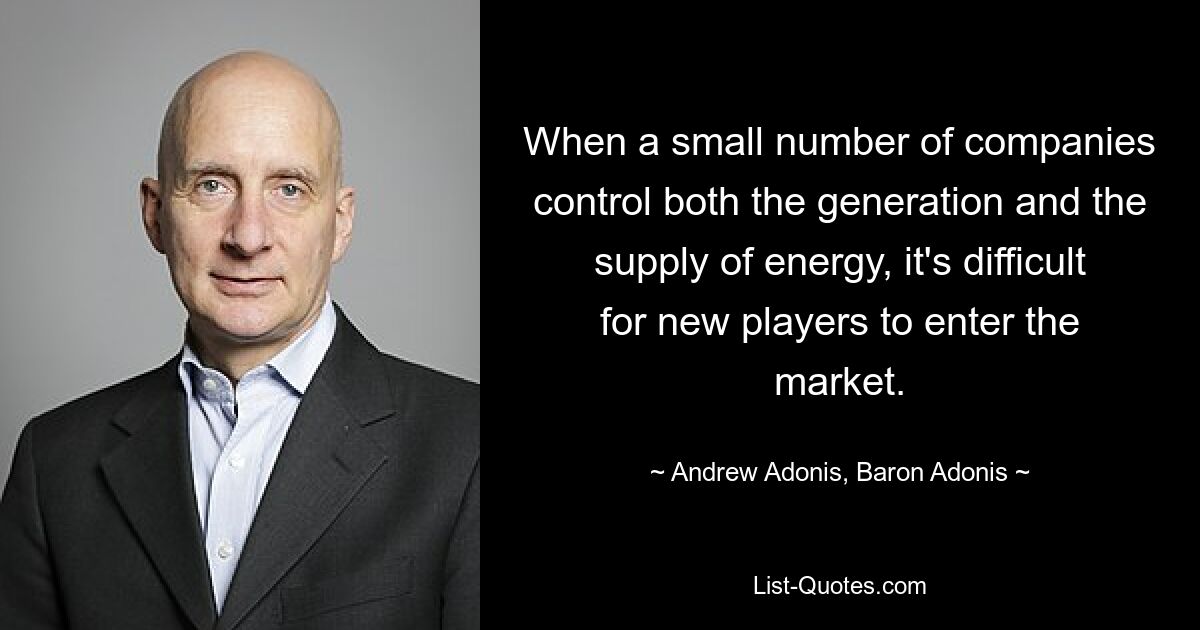 When a small number of companies control both the generation and the supply of energy, it's difficult for new players to enter the market. — © Andrew Adonis, Baron Adonis