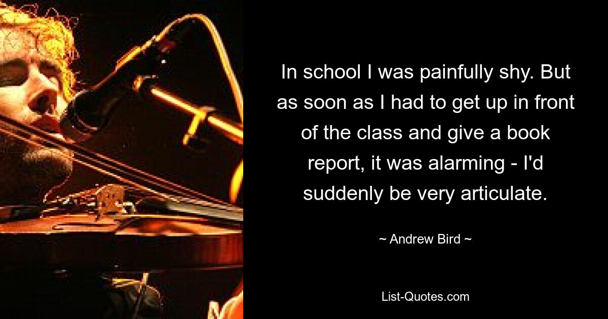 In school I was painfully shy. But as soon as I had to get up in front of the class and give a book report, it was alarming - I'd suddenly be very articulate. — © Andrew Bird