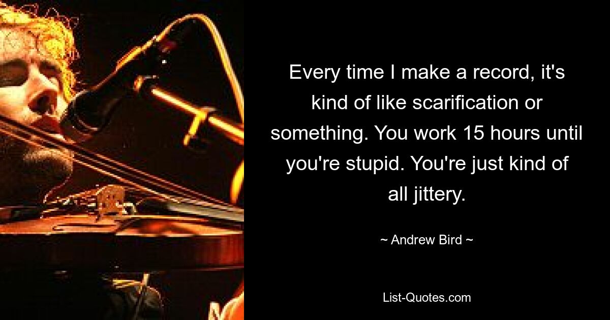 Every time I make a record, it's kind of like scarification or something. You work 15 hours until you're stupid. You're just kind of all jittery. — © Andrew Bird