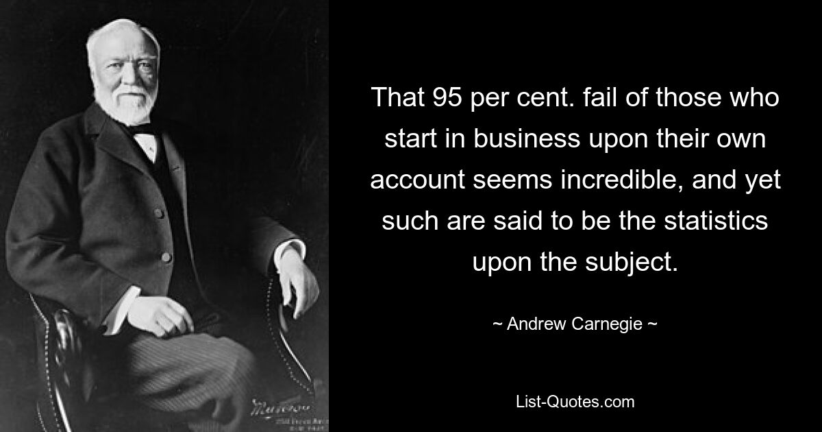 That 95 per cent. fail of those who start in business upon their own account seems incredible, and yet such are said to be the statistics upon the subject. — © Andrew Carnegie