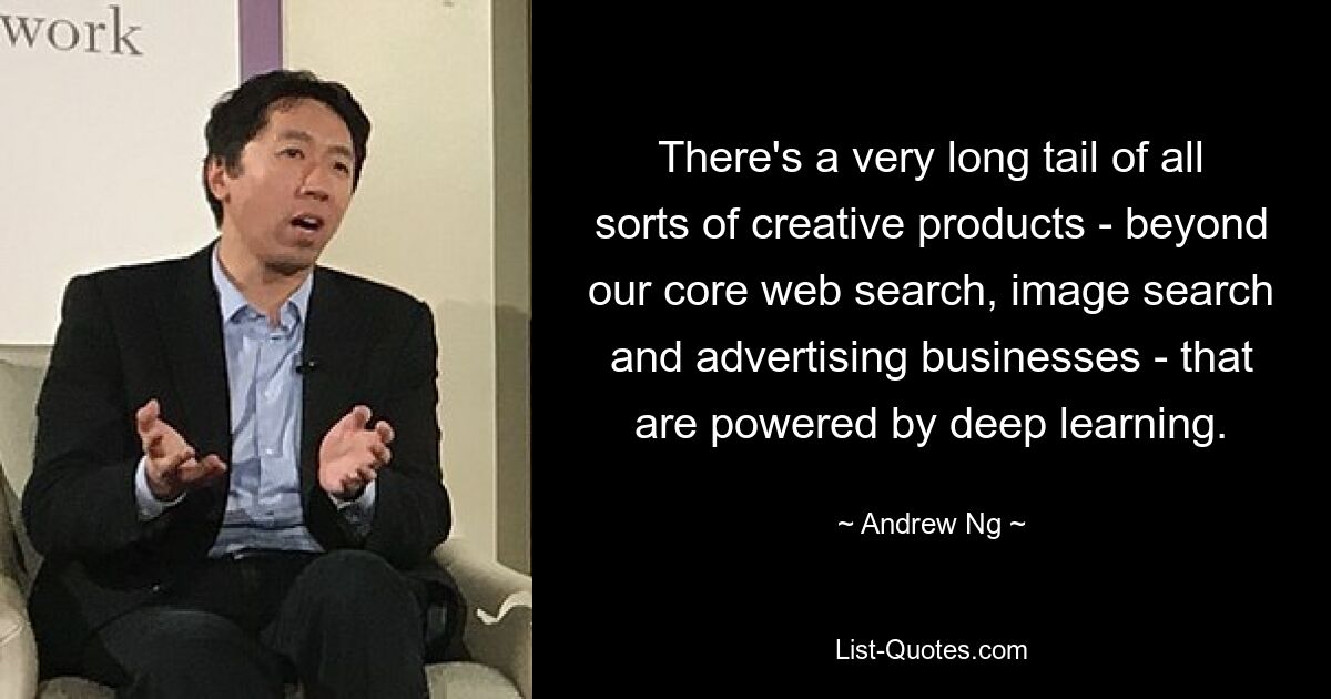 There's a very long tail of all sorts of creative products - beyond our core web search, image search and advertising businesses - that are powered by deep learning. — © Andrew Ng