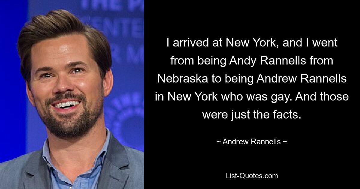 I arrived at New York, and I went from being Andy Rannells from Nebraska to being Andrew Rannells in New York who was gay. And those were just the facts. — © Andrew Rannells