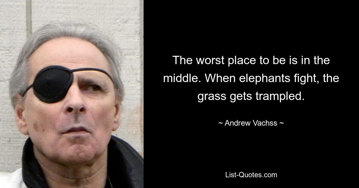 The worst place to be is in the middle. When elephants fight, the grass gets trampled. — © Andrew Vachss