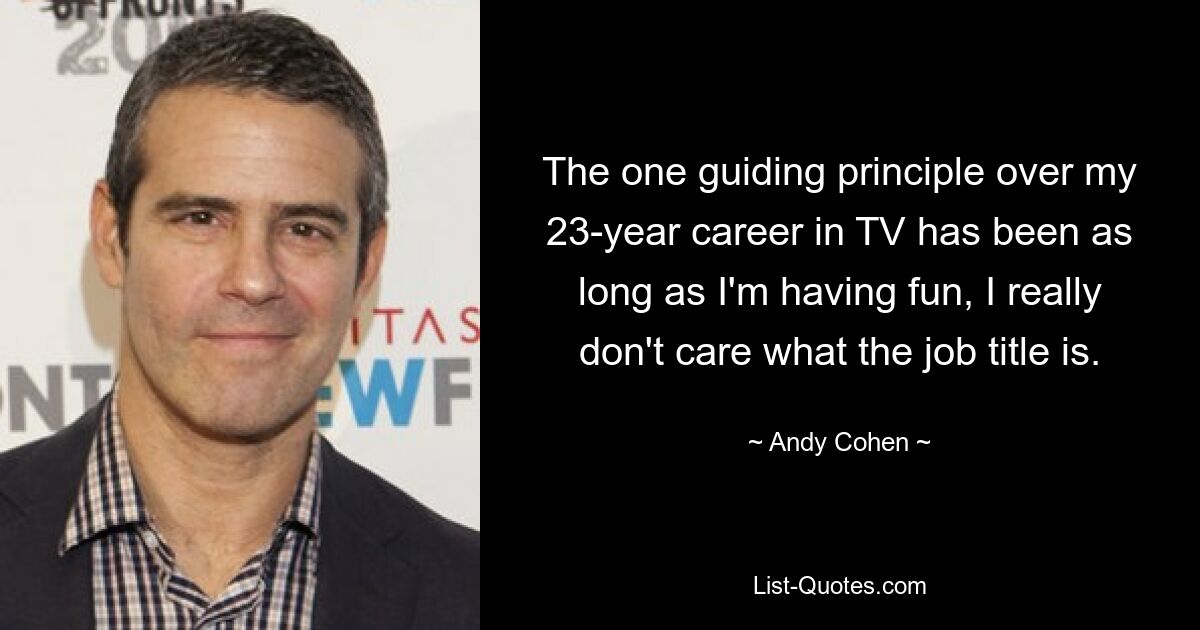 The one guiding principle over my 23-year career in TV has been as long as I'm having fun, I really don't care what the job title is. — © Andy Cohen