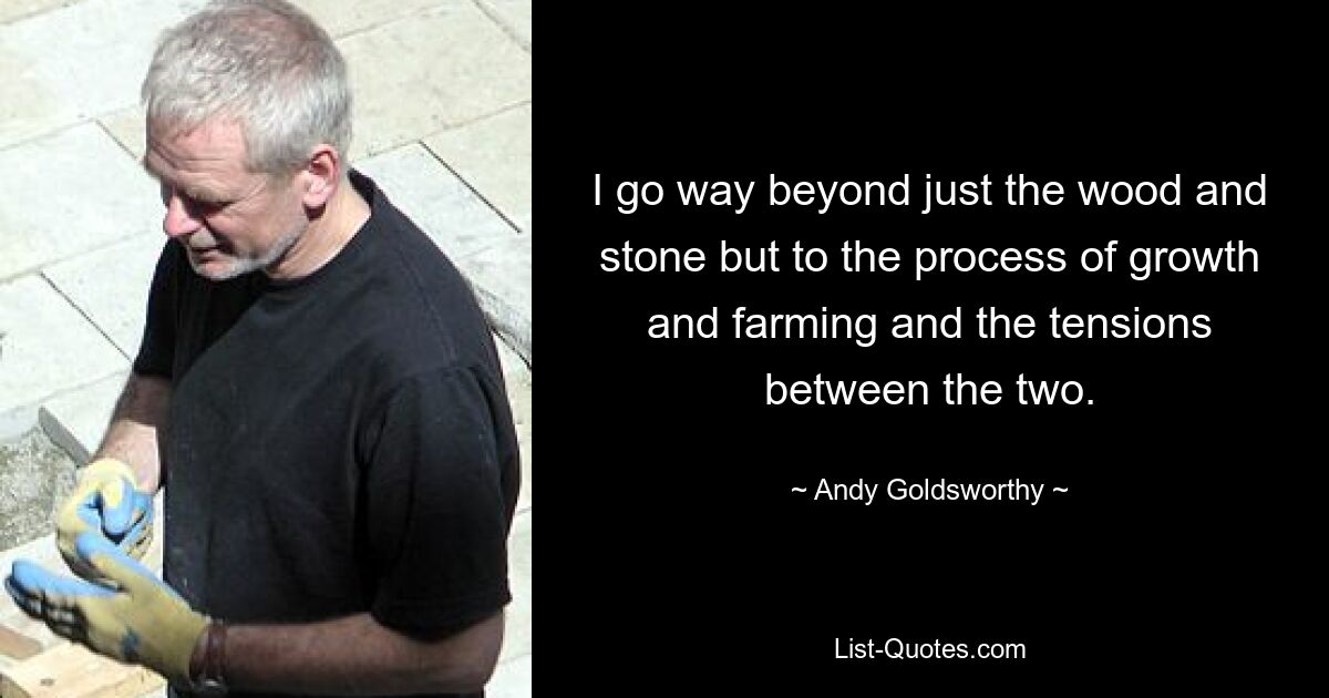 I go way beyond just the wood and stone but to the process of growth and farming and the tensions between the two. — © Andy Goldsworthy