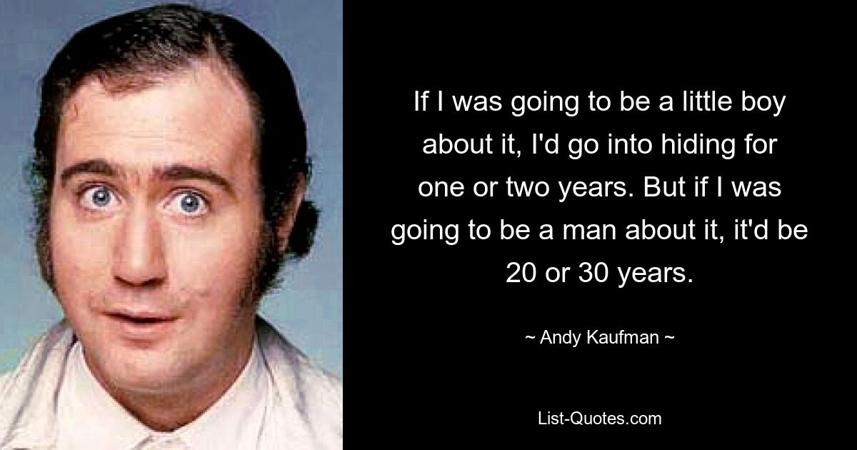 If I was going to be a little boy about it, I'd go into hiding for one or two years. But if I was going to be a man about it, it'd be 20 or 30 years. — © Andy Kaufman