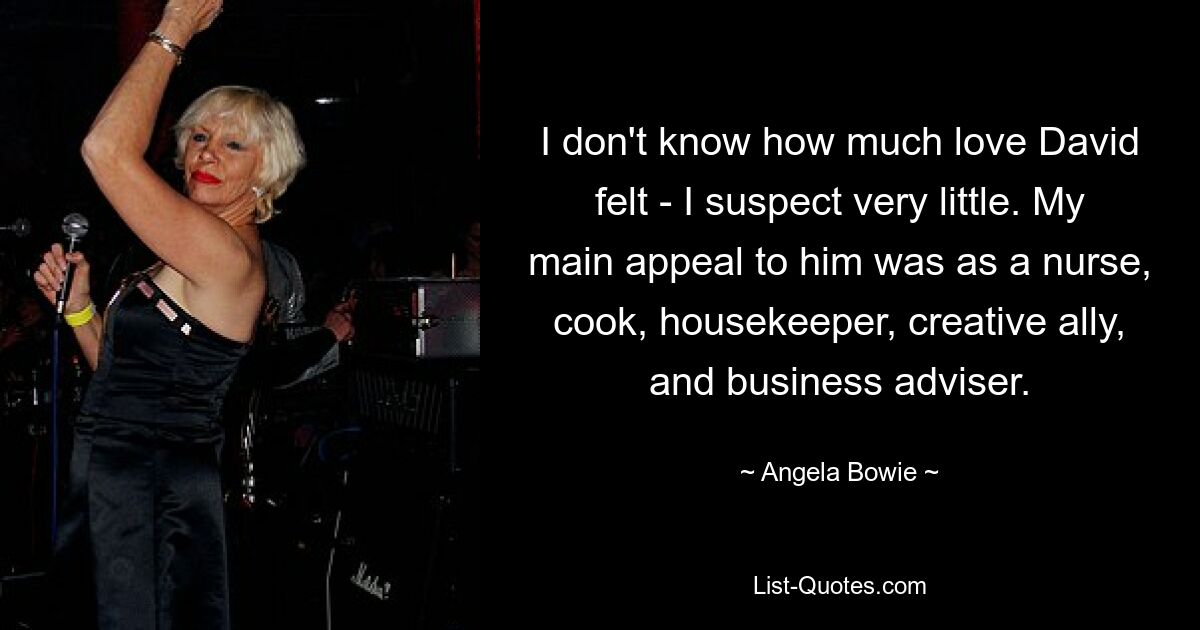 I don't know how much love David felt - I suspect very little. My main appeal to him was as a nurse, cook, housekeeper, creative ally, and business adviser. — © Angela Bowie