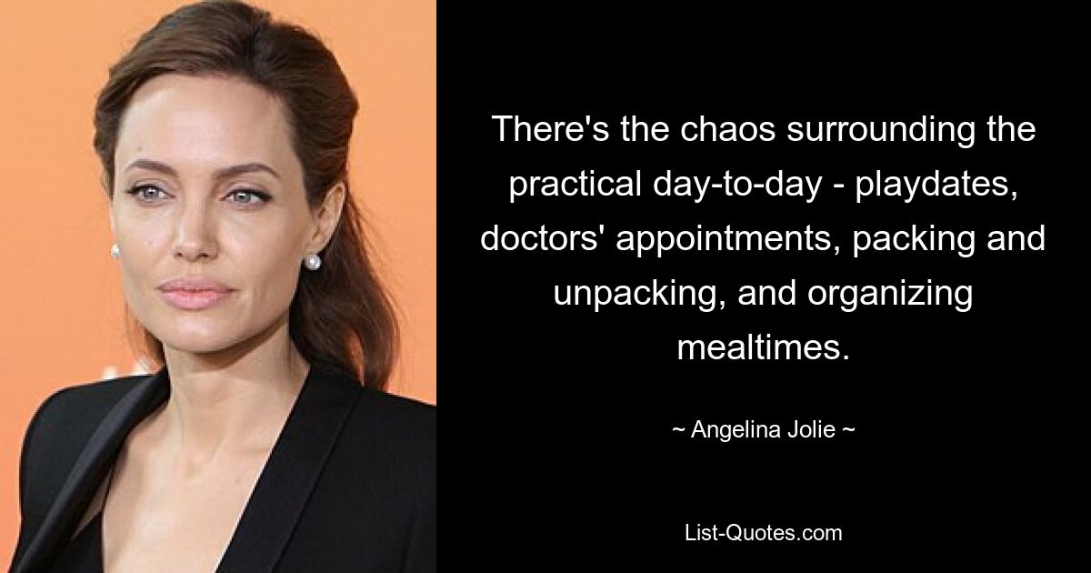 There's the chaos surrounding the practical day-to-day - playdates, doctors' appointments, packing and unpacking, and organizing mealtimes. — © Angelina Jolie