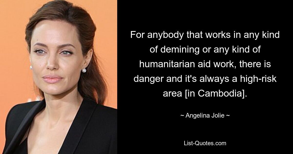 For anybody that works in any kind of demining or any kind of humanitarian aid work, there is danger and it's always a high-risk area [in Cambodia]. — © Angelina Jolie