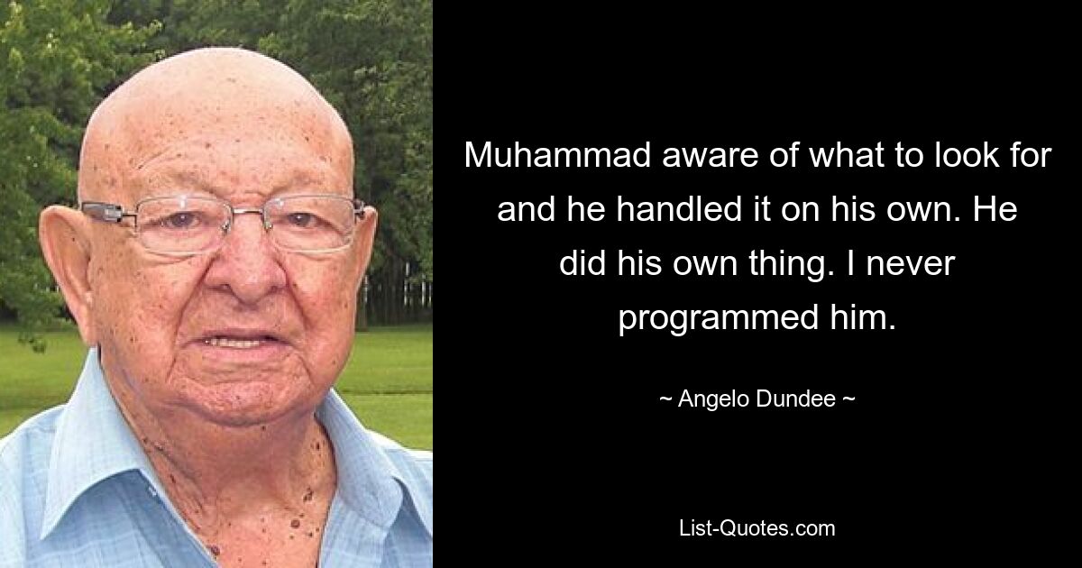 Muhammad aware of what to look for and he handled it on his own. He did his own thing. I never programmed him. — © Angelo Dundee