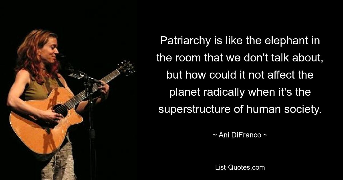 Patriarchy is like the elephant in the room that we don't talk about, but how could it not affect the planet radically when it's the superstructure of human society. — © Ani DiFranco