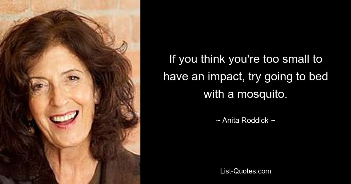 If you think you're too small to have an impact, try going to bed with a mosquito. — © Anita Roddick