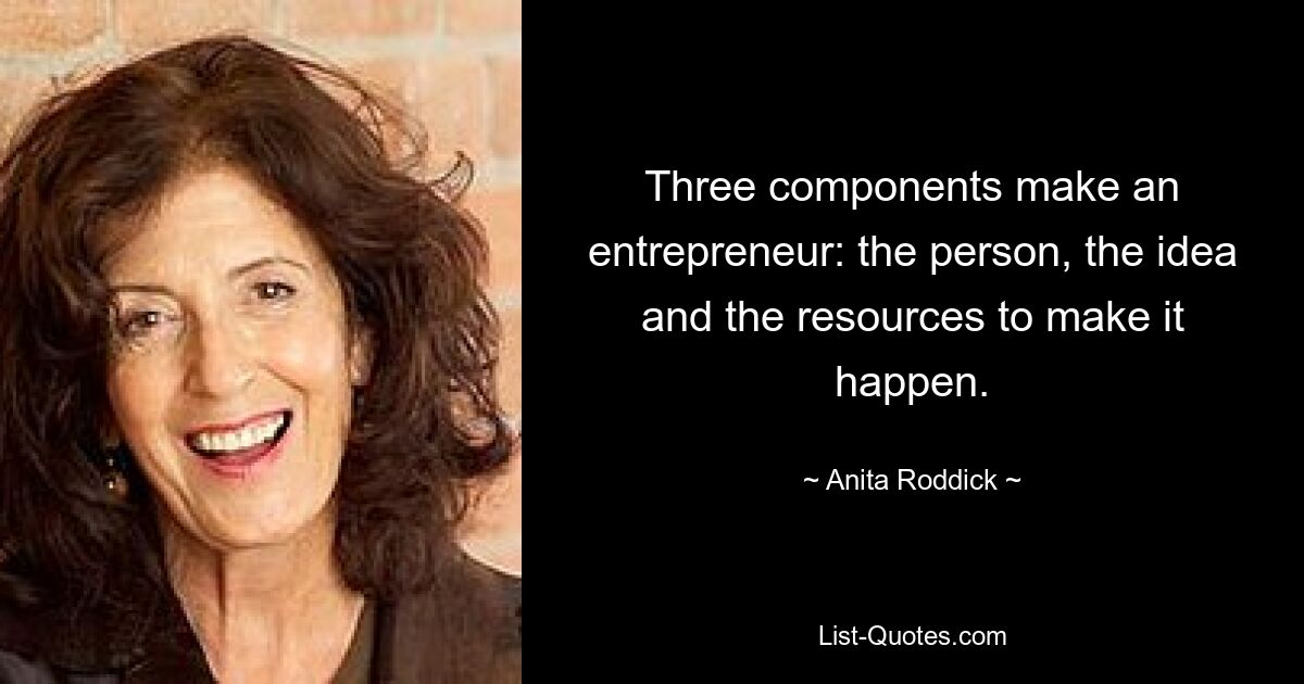 Three components make an entrepreneur: the person, the idea and the resources to make it happen. — © Anita Roddick