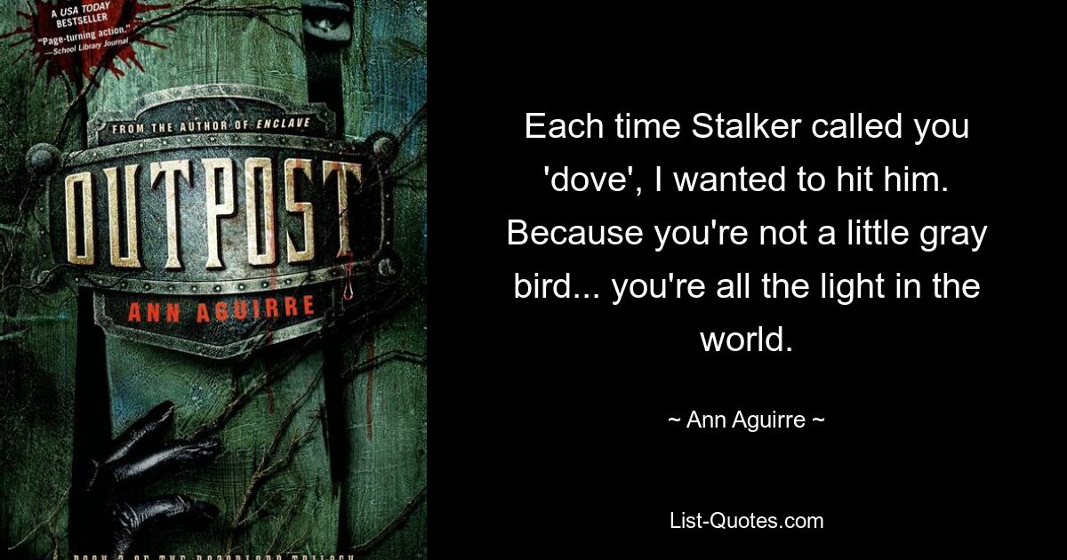 Each time Stalker called you 'dove', I wanted to hit him. Because you're not a little gray bird... you're all the light in the world. — © Ann Aguirre