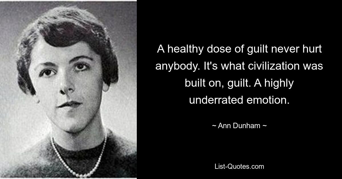 A healthy dose of guilt never hurt anybody. It's what civilization was built on, guilt. A highly underrated emotion. — © Ann Dunham