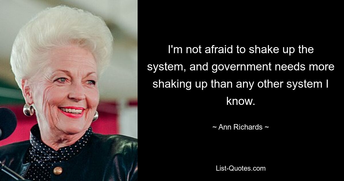 I'm not afraid to shake up the system, and government needs more shaking up than any other system I know. — © Ann Richards