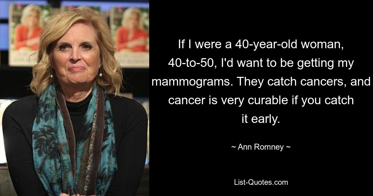 If I were a 40-year-old woman, 40-to-50, I'd want to be getting my mammograms. They catch cancers, and cancer is very curable if you catch it early. — © Ann Romney