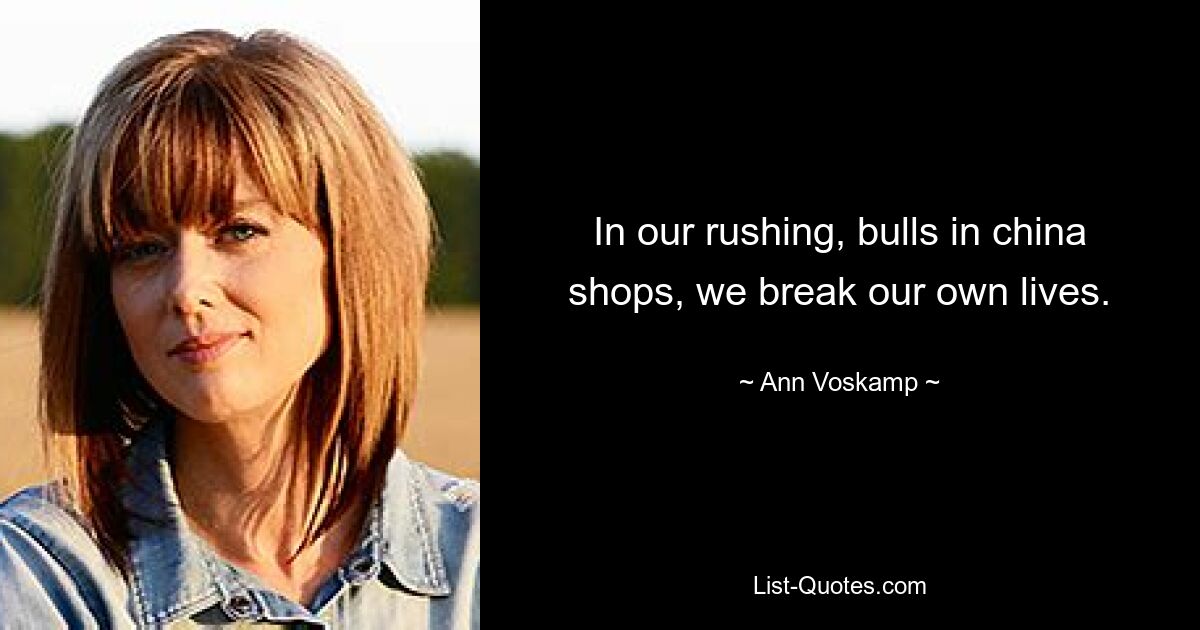 In our rushing, bulls in china shops, we break our own lives. — © Ann Voskamp