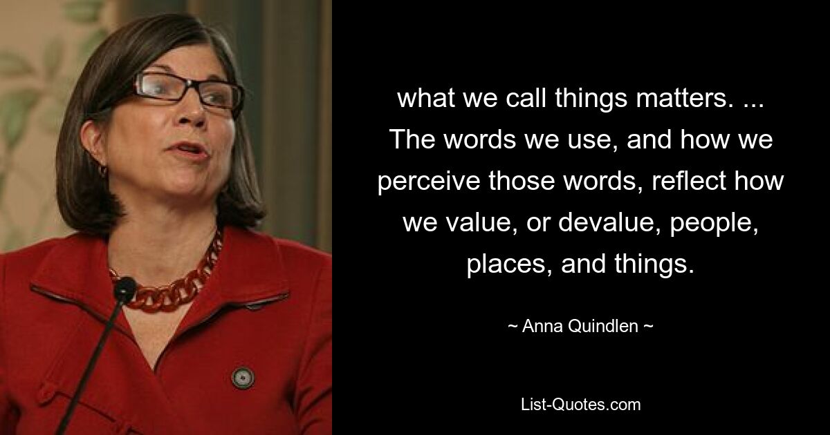 what we call things matters. ... The words we use, and how we perceive those words, reflect how we value, or devalue, people, places, and things. — © Anna Quindlen