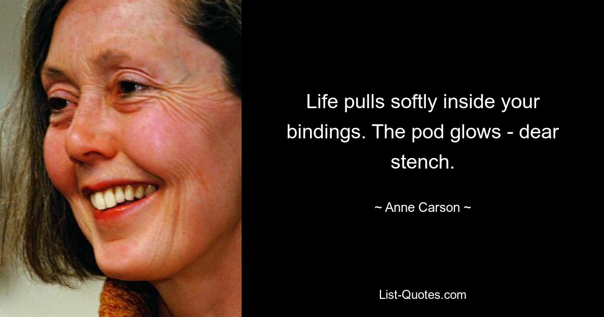 Life pulls softly inside your bindings. The pod glows - dear stench. — © Anne Carson