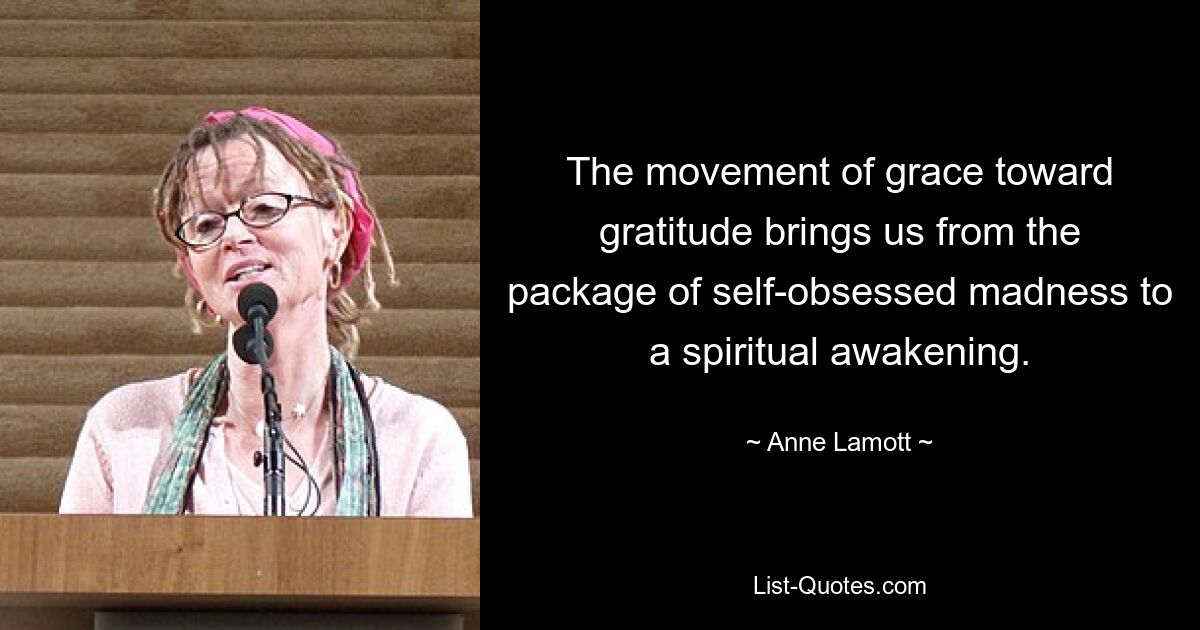 The movement of grace toward gratitude brings us from the package of self-obsessed madness to a spiritual awakening. — © Anne Lamott