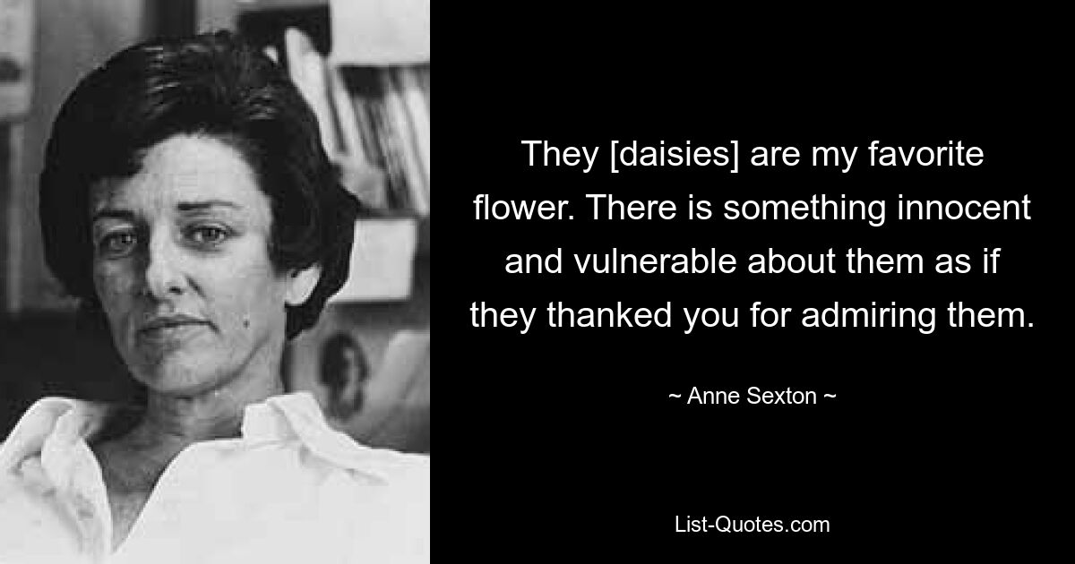 They [daisies] are my favorite flower. There is something innocent and vulnerable about them as if they thanked you for admiring them. — © Anne Sexton